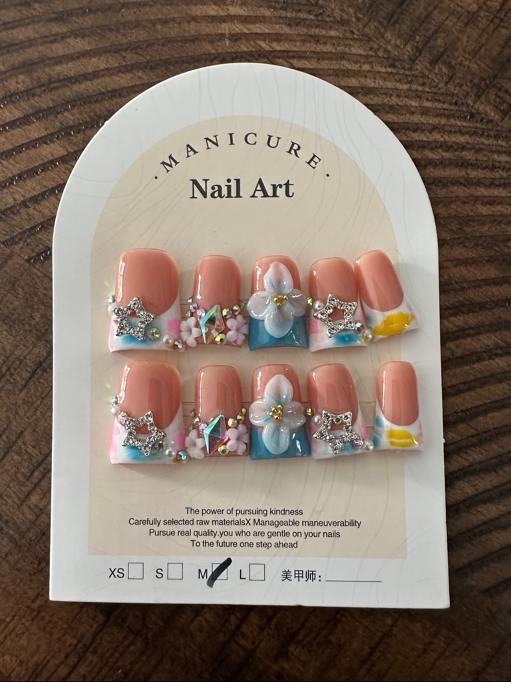 3D Floral Rhinestone Duck Press-On Nails - Pink, Blue, White Accents